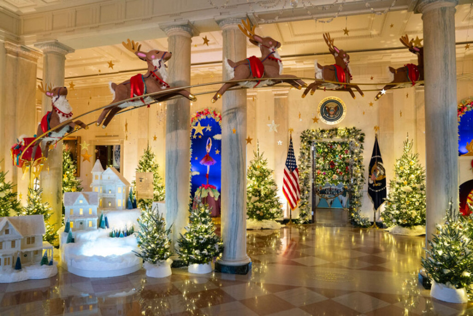 Jill Biden flying reindeer White House foyer 2023