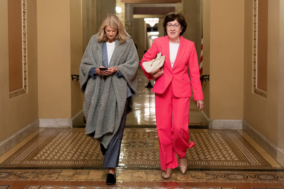 Senators Lisa Murkowski and Susan Collins walking in the Capitol