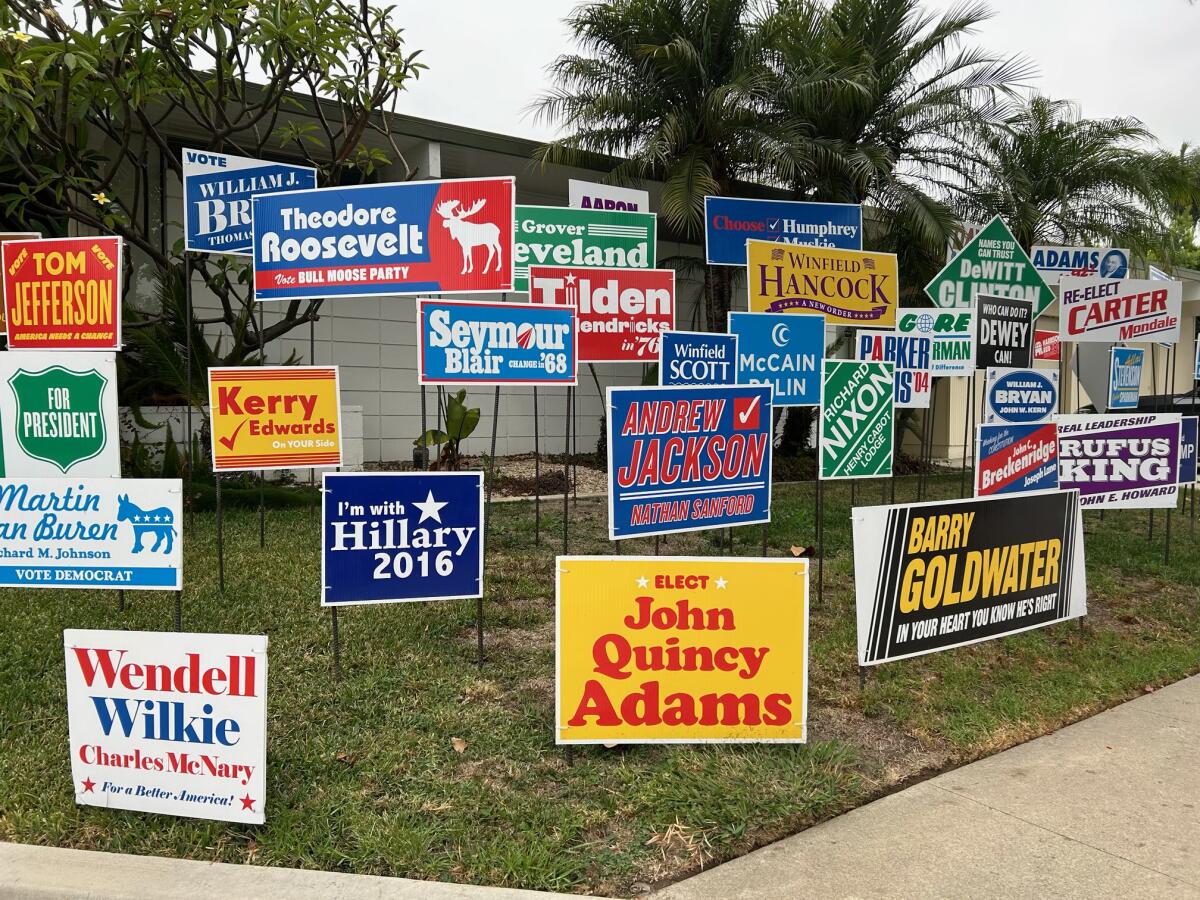 election campaign signs for various California political candidates